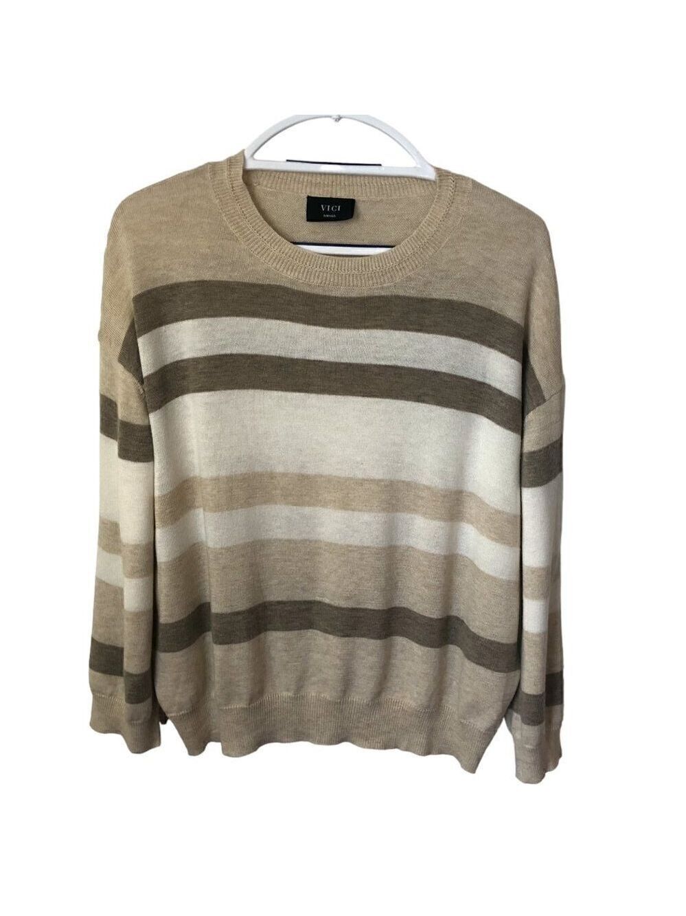 VICI Crew Neck Sweater Lightweight Beige/Ivory Striped Long Sleeve Womens Size S